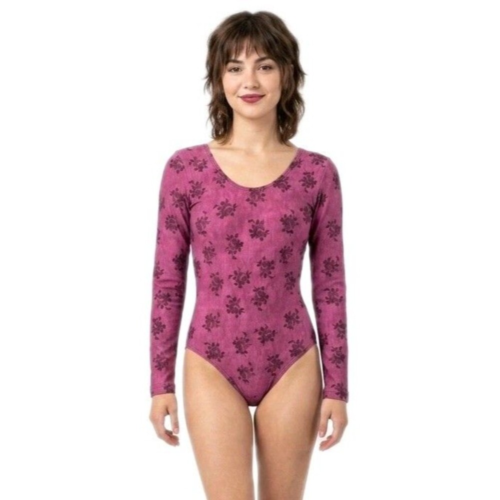 GK Elite VTG 90s Vibe Muted Roses Washed Magenta LS Cotton Leotard Bodysuit AXS
